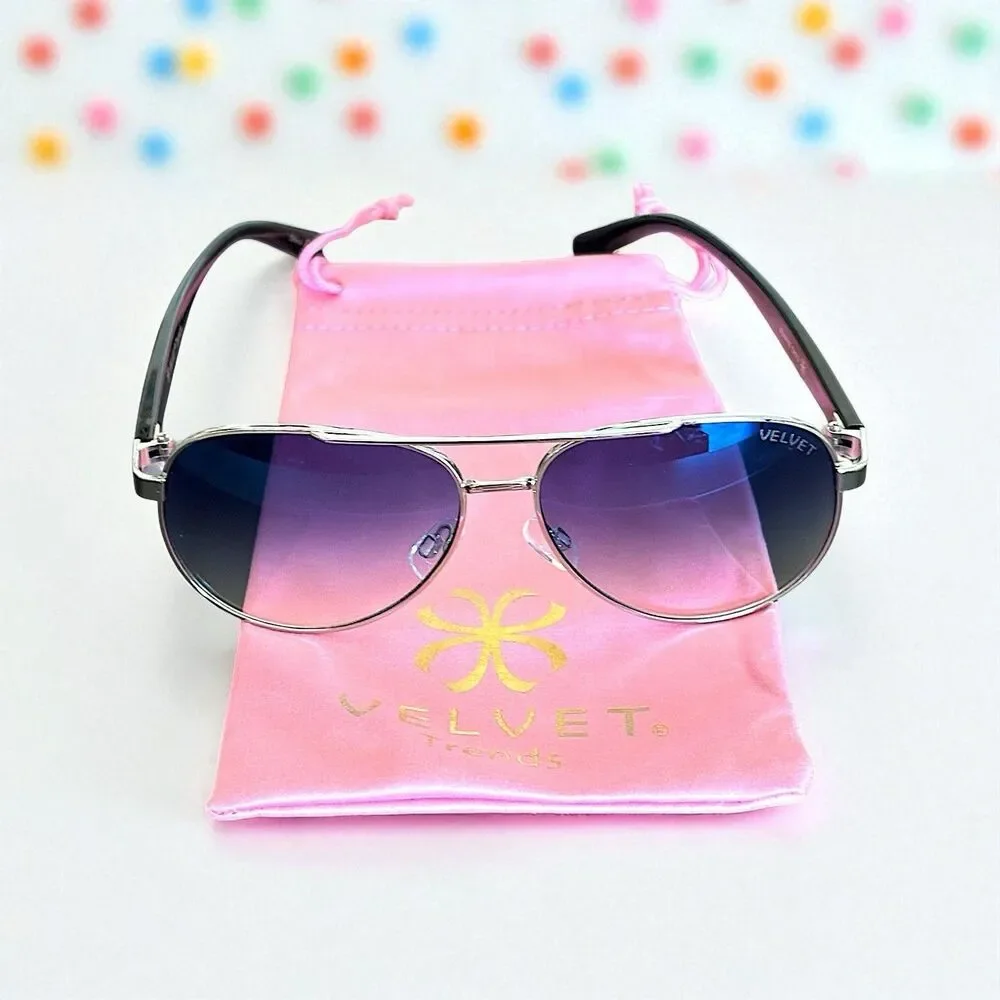 Velvet Eyewear Bonnie Aviator Sunglasses in Silver Flash w/microfiber pouch